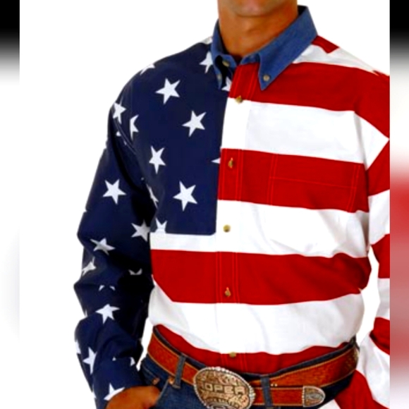 Roper Mens 2XL American Flag Western Shirt Long Sleeve Button Up